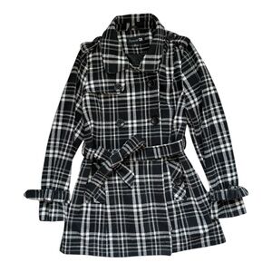 Vintage Y2K Forever 21 Plaid Belted Black and Gray Peacoat Size Large